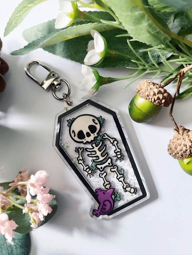 Skeleton and Crow Friend Coffin Shaped Keychain